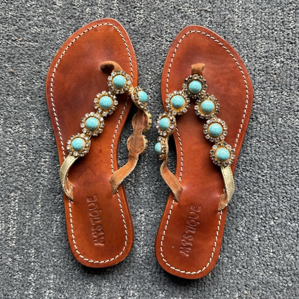 Mystique Boutique Brown and Blue Sandals with Bohemian Charm - size 8